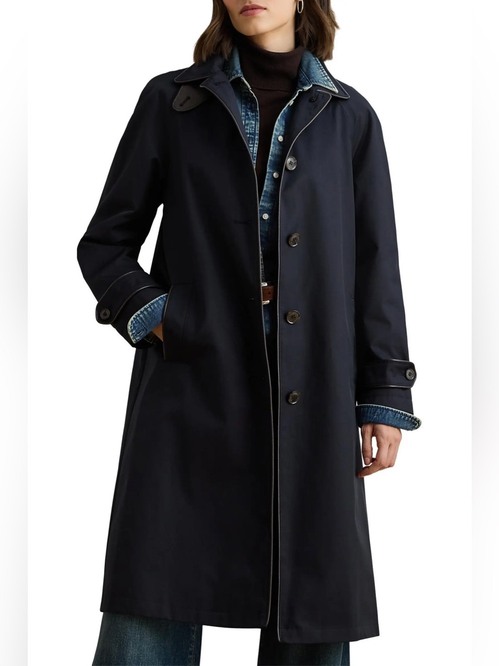 NWT Ralph Lauren Leather Trim Cotton Blend Water Resistant Trench Raincoat Black